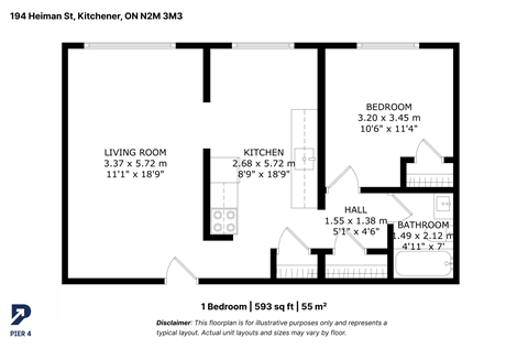 Floor plan for 1 bed, 1 bath, 593 sqft